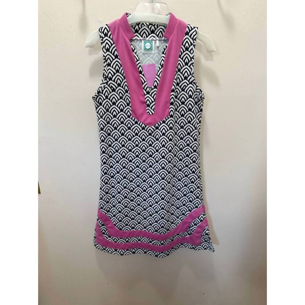 NEW VERA FISHBAUGH women's nolanda poly knit v-neck dress in navy & white with p